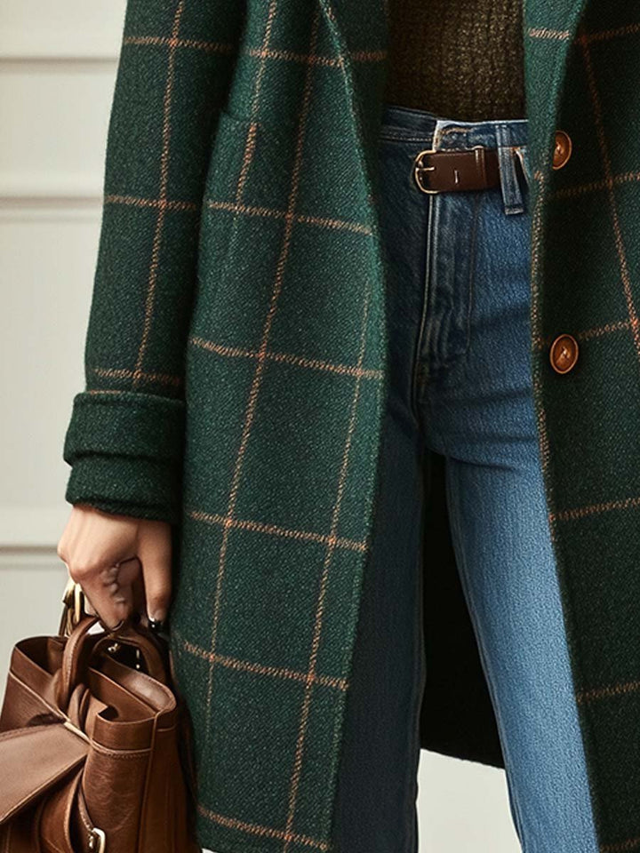 Retro Lapel Plaid Tweed-Coat