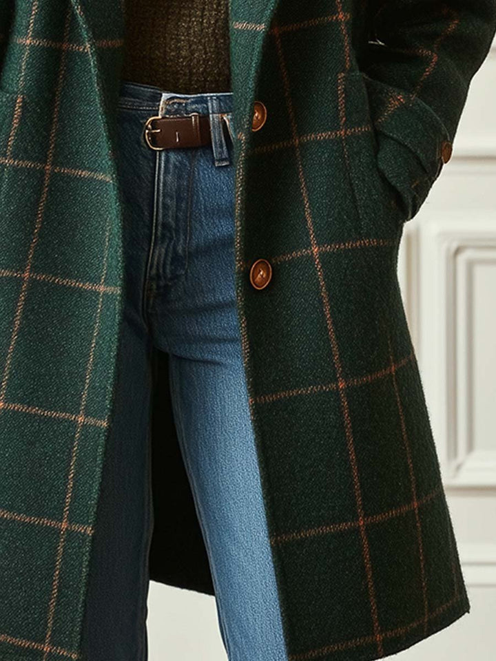 Retro Lapel Plaid Tweed-Coat